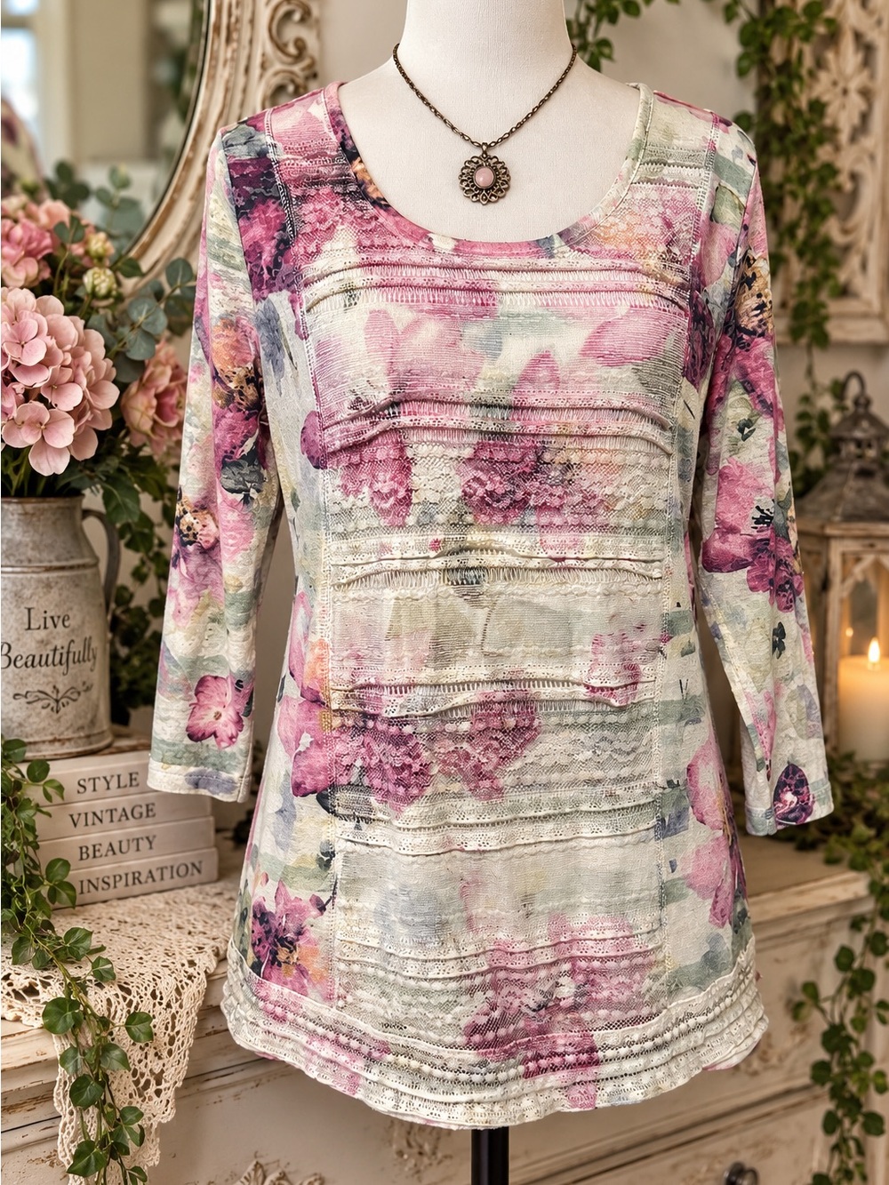 Casual Express Small Floral Lace Mixed Media Layered Long Sleeve Tunic Top